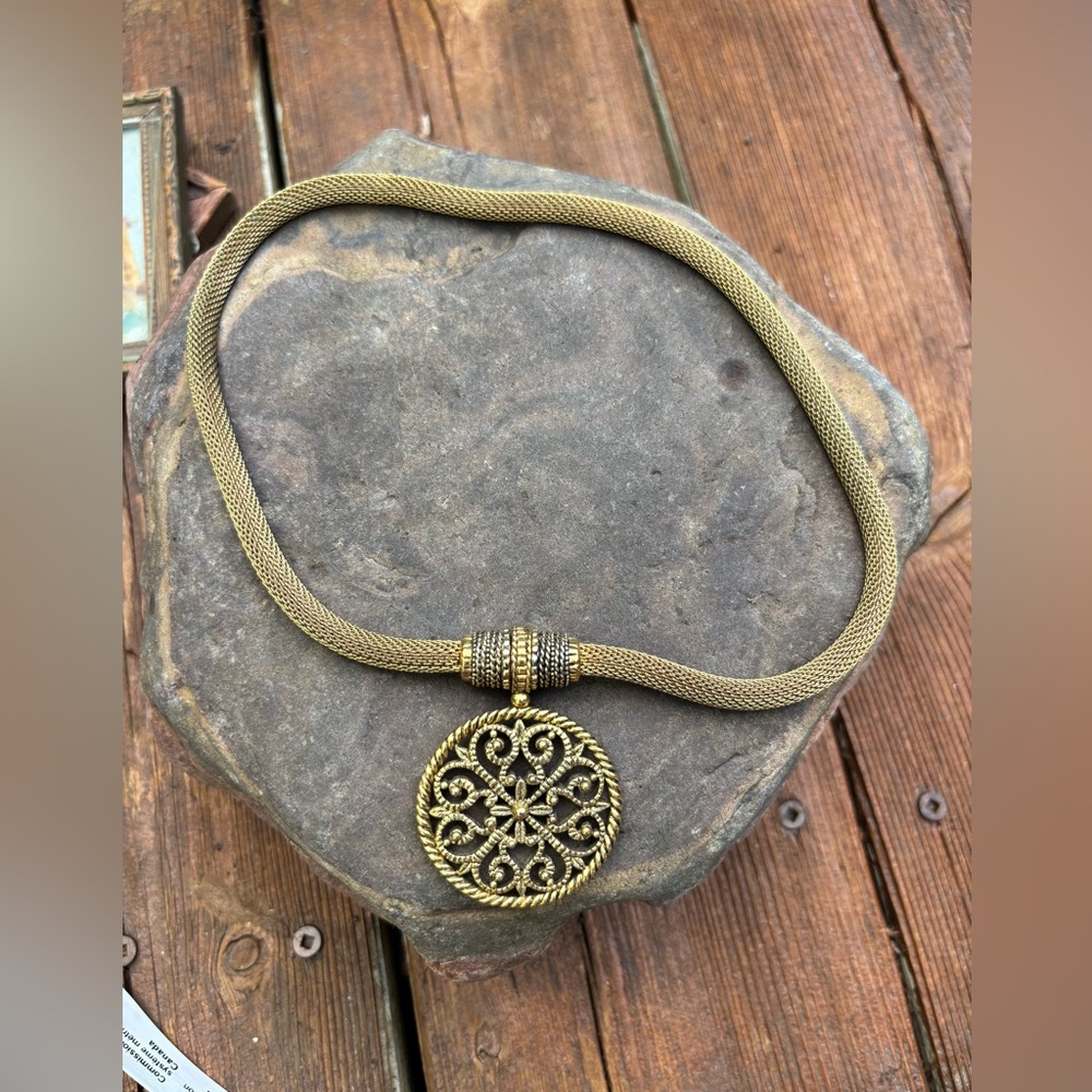 Magnetic Front Clasp Rope Necklace, Circle Pendant, Gold Bohemian Medallion